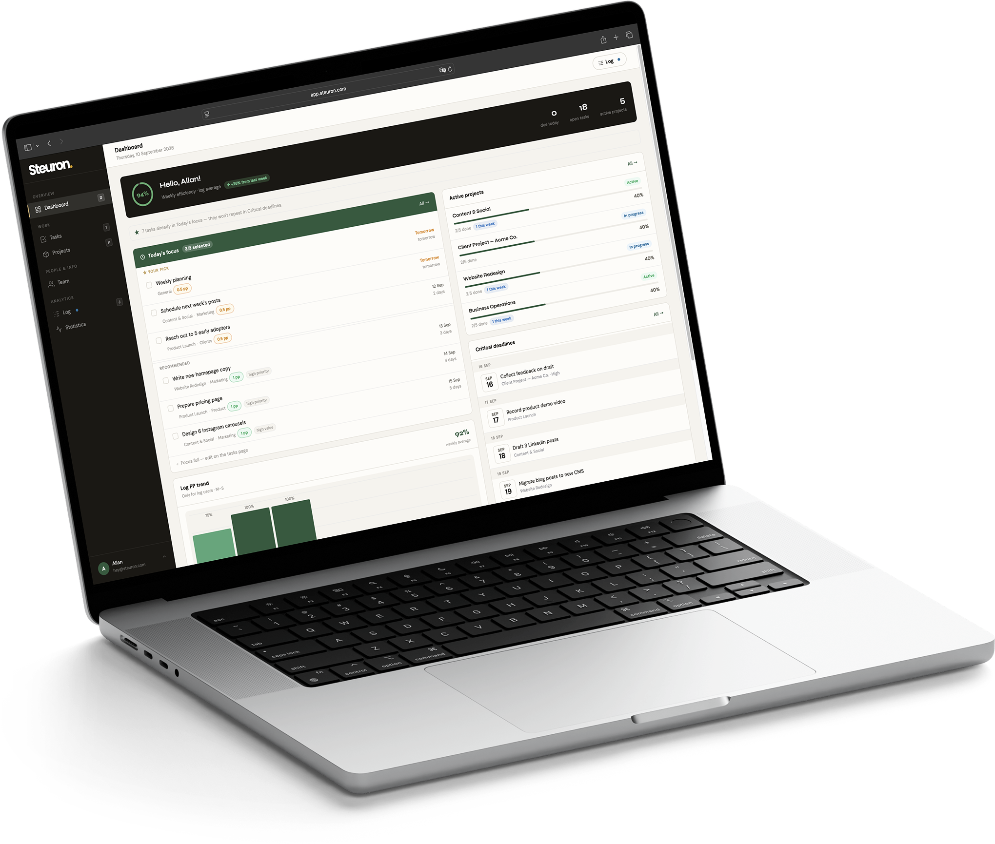 Steuron dashboard on a MacBook Pro