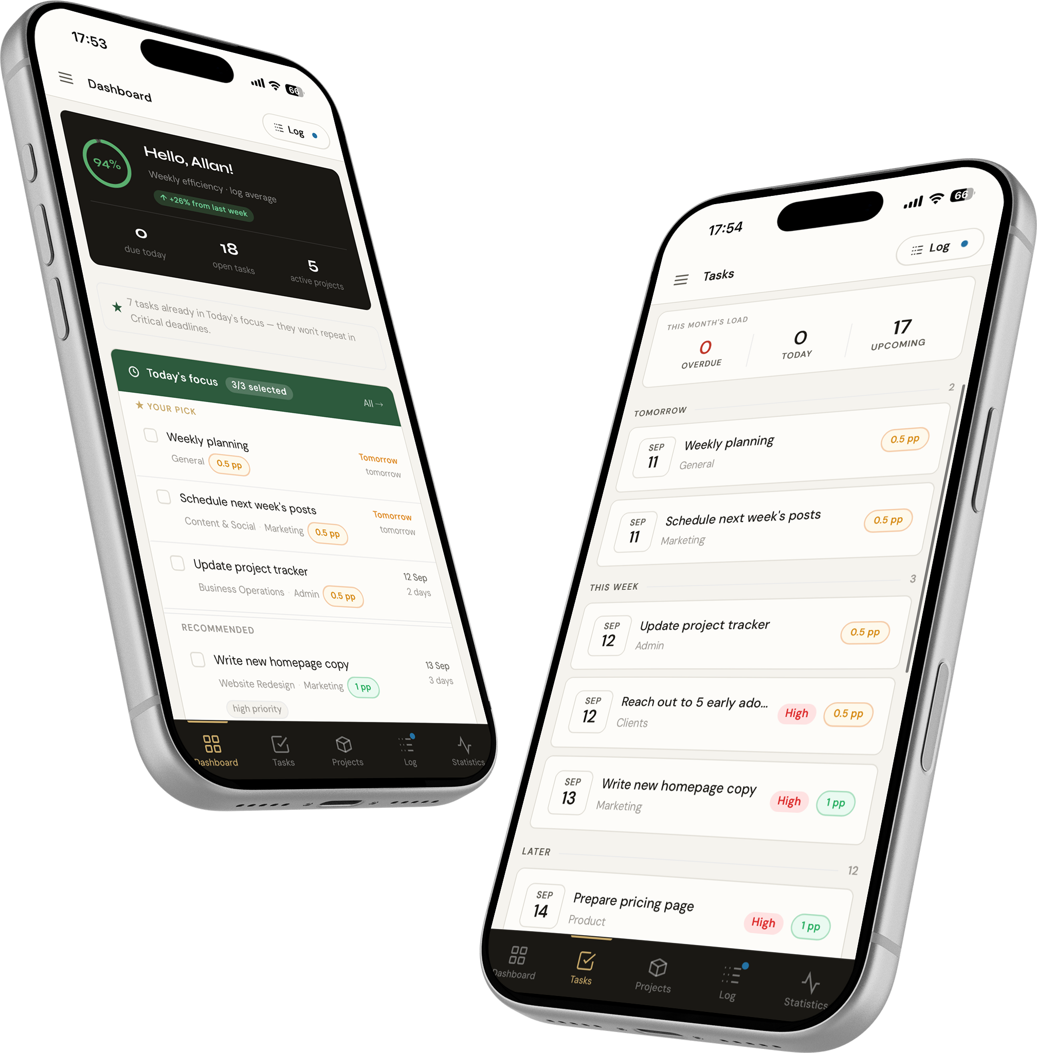 Steuron on iPhone — dashboard and tasks